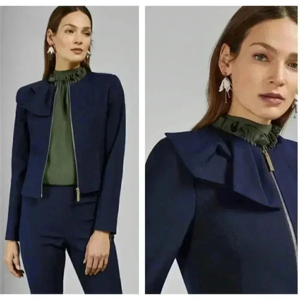 Ted Baker Zamelii NWT Navy Ruffle‎ Shoulder Zip Front Cropped Blazer Sz 1 US 4